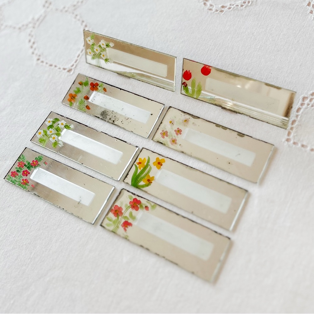 Vintage Mercury Glass Erasable Name Plates Place Card with Hand Painted Flowers - Picture 3 of 15